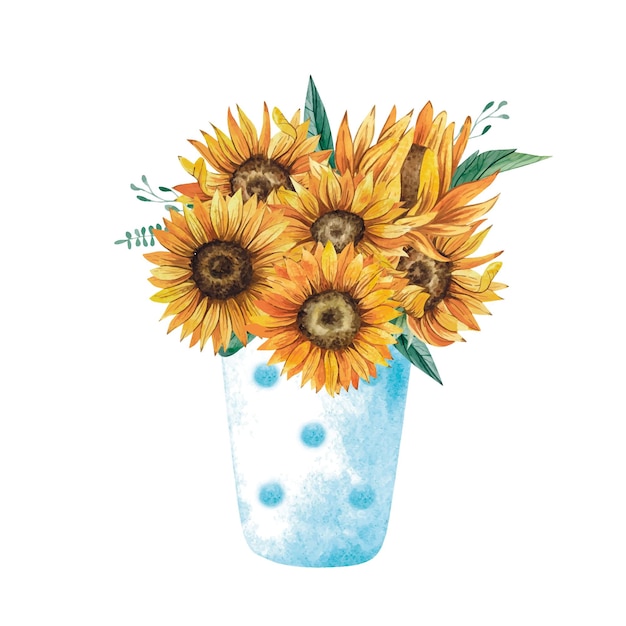 Watercolor blue vase with sunflowers