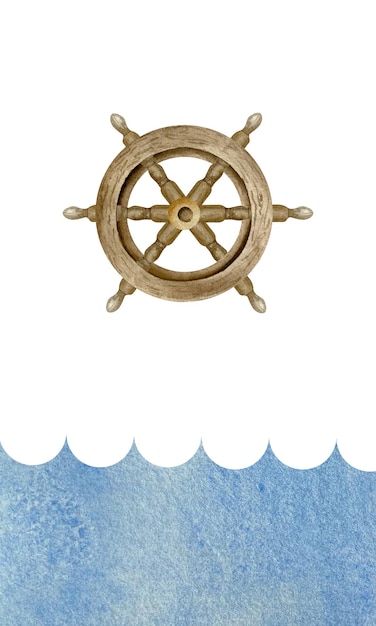 Watercolor blue waves with old wooden steering wheel on white background Nautical marine background