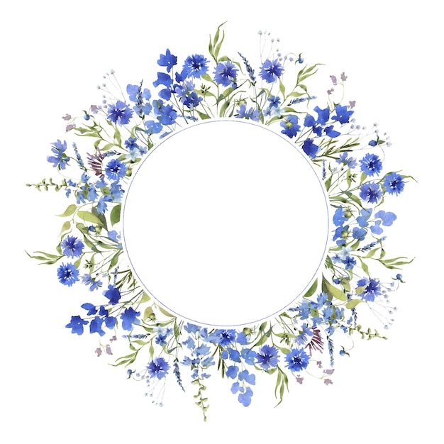 Vector watercolor blue wildflowers round frame