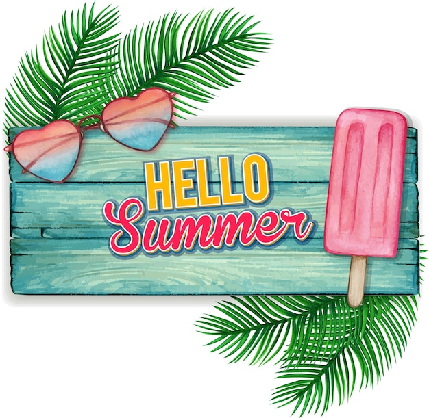 Watercolor blue wooden banner with sunglasses and popsicle