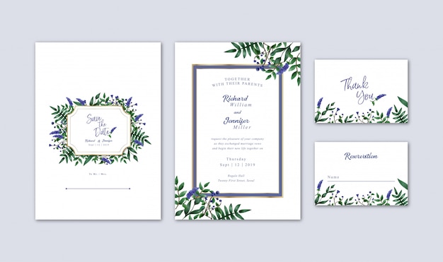 ベクトル 水彩ブルーベリーと花の結婚式の招待状