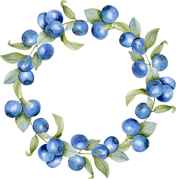 Watercolor blueberry branches wreath, round frame border