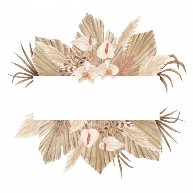 Watercolor bohemian banner with dried palm leaves, pampas grass, calla lily and orchids