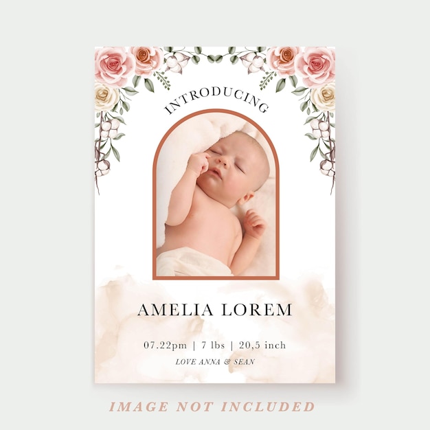 Watercolor bohemian floral baby announcement invitation template