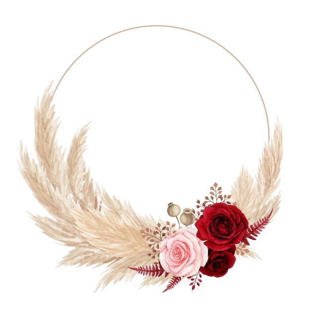 Vettore corona floreale bohémien dell'acquerello con rosa rossa e erba di pampa