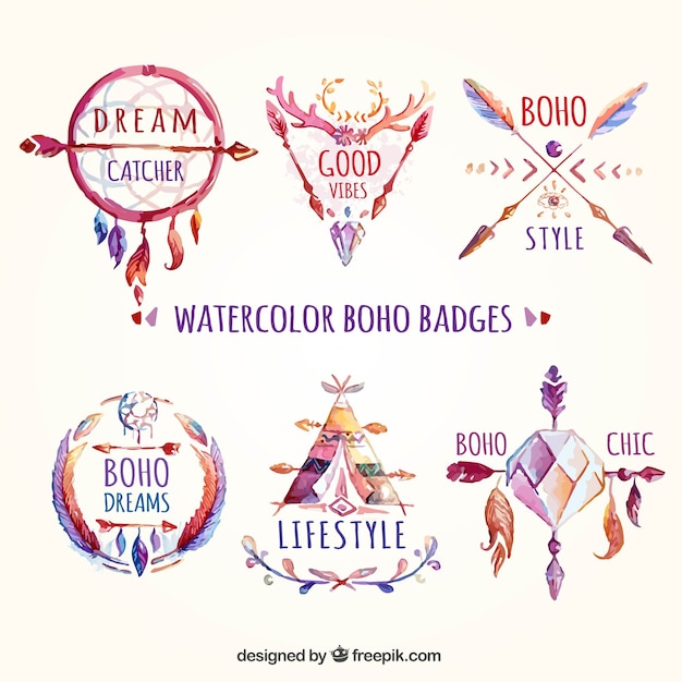 Vettore badge acquerello boho