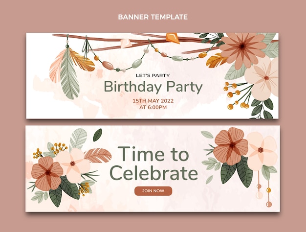 Vector watercolor boho birthday horizontal banners