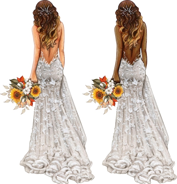 Watercolor boho bride back view