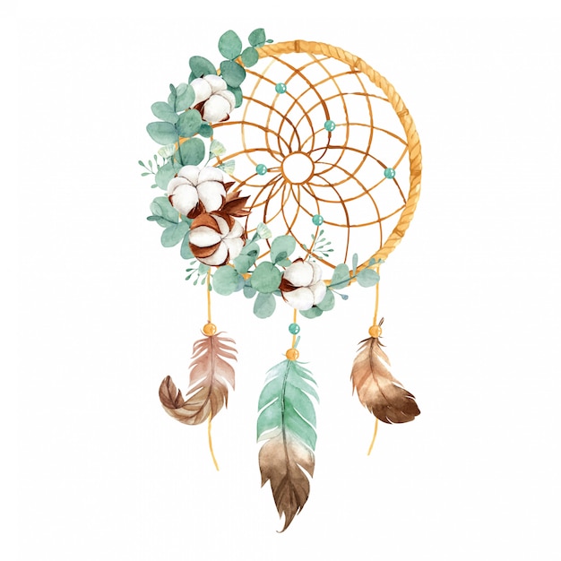 Vector watercolor boho dream catcher with wild cotton flower and eucalyptus leaves