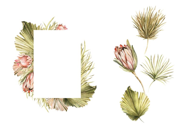Vector watercolor boho golden frame of green tropic palm leaves dried grass for prints cards wedding
