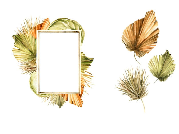 Watercolor boho golden frame of green tropic palm leaves dried grass for prints cards wedding