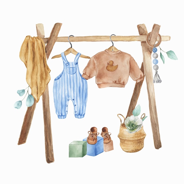 Vector watercolor boho nursery set vintage children room decor of hanger decoration clothes isolated on white