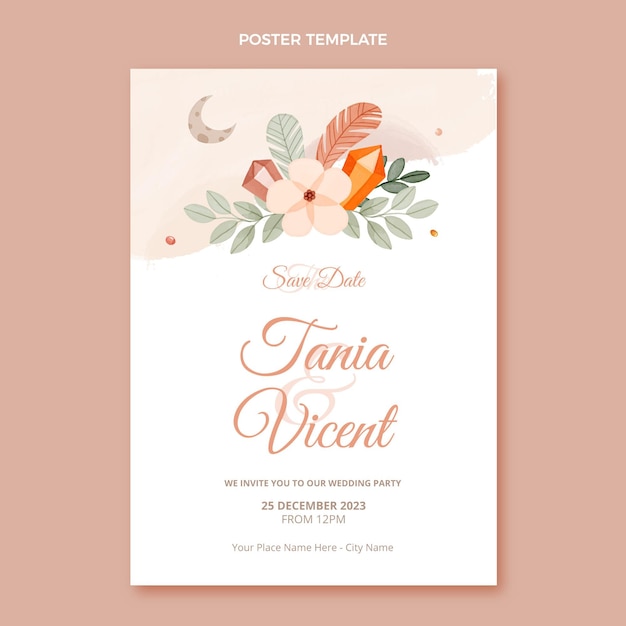 Vettore poster di matrimonio boho acquerello