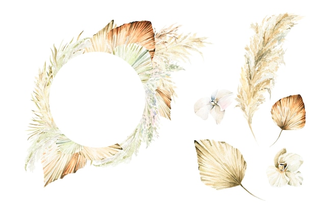 Watercolor boho wreath tropical wild flowers palm leaves branches of pampas floral bohemian