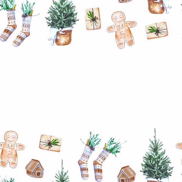 Акварель границы рождество бесшовные рамки карты с елкой, пряники, подарки и носок