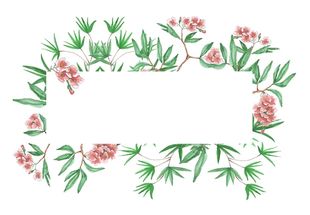 Watercolor botanical frame oleander flowers on white background banner postcard