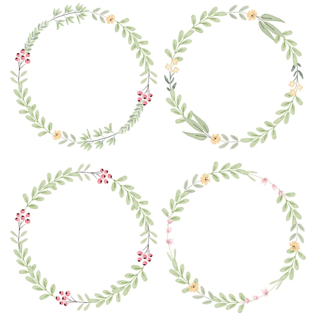 Watercolor botanical hand drawing leafs wreath with tiny pink and yellow flowers collection 