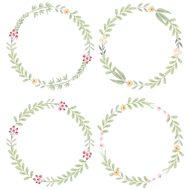 Watercolor botanical hand drawing leafs wreath with tiny pink and yellow flowers collection