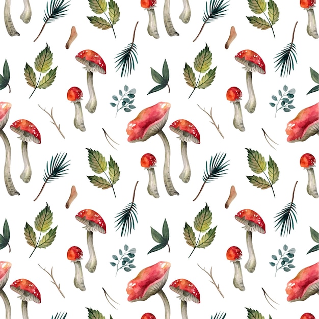 Watercolor botanical pattern with mushrooms and leaves