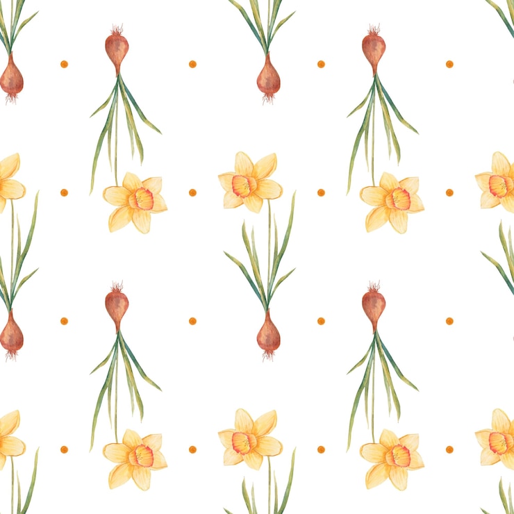 Vector watercolor botanical realistic floral pattern with narcissus bright yellow daffodil on a white