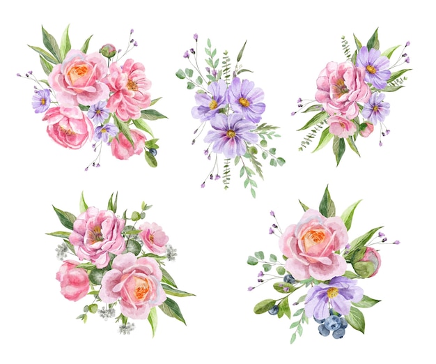 Vector watercolor botanical set with pink flowers bouquets