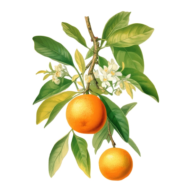 Vector watercolor botanical tangerine tree branch with tangerines