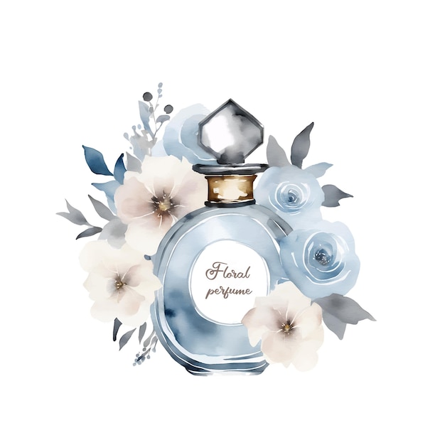 Bottiglia dell'acquerello di profumo blu decorato fiori isolati su bianco illustrazione vettoriale