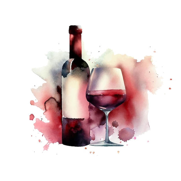 Vector watercolor bottle of wine and glass design