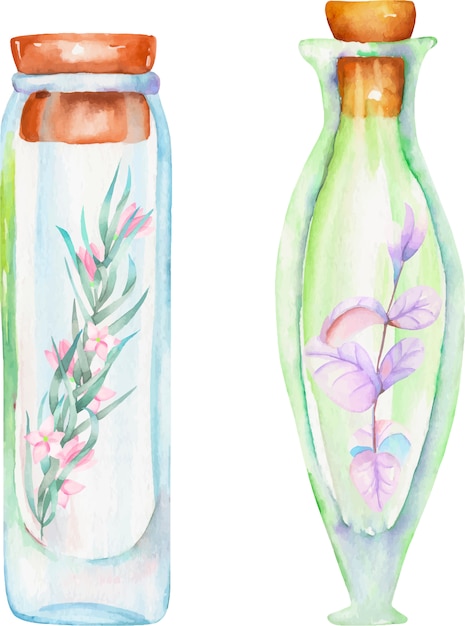 Watercolor bottles with forest branches with leaves and flowers inside