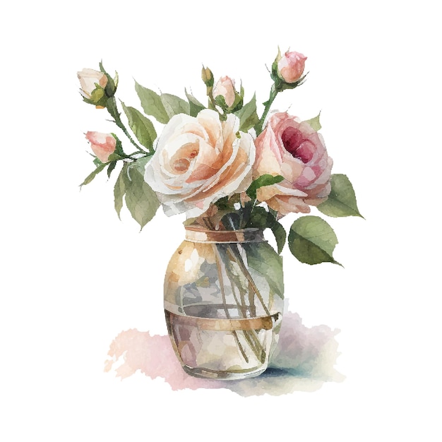 꽃병에 야생 분홍색과 흰색 장미가 있는 수채화 부케