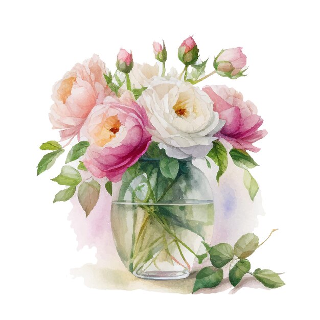 Watercolor bouqet with wild pink and white roses in vase