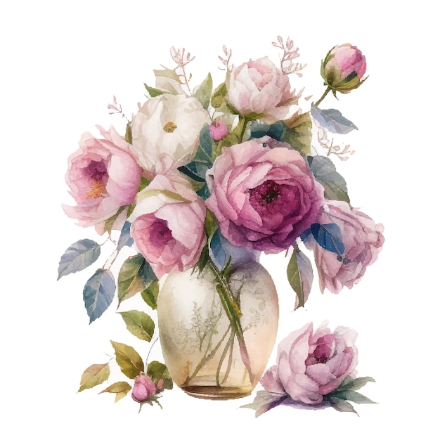 Watercolor bouqet with wild pink and white roses in vase