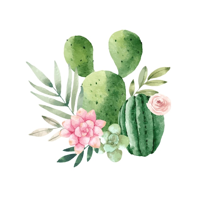 Watercolor bouquet of cacti succulents flowers green leaves