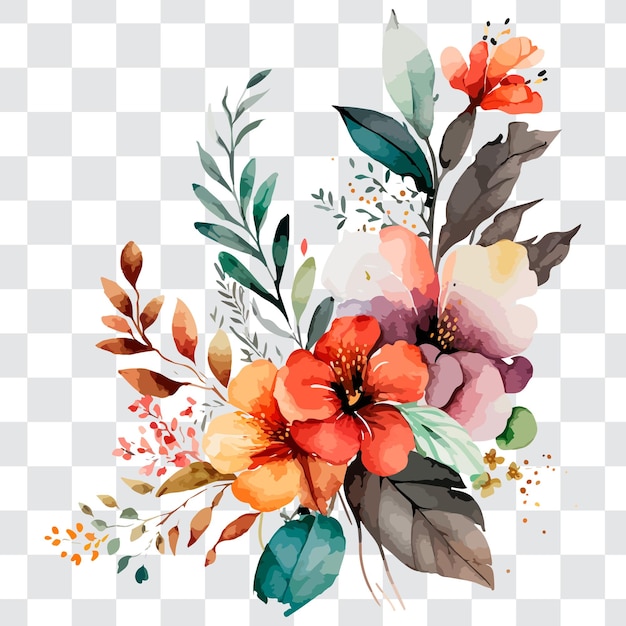 A watercolor bouquet of flowers on a transparent background.