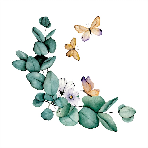 Акварельный букет зеленого эвкалипта и бабочки