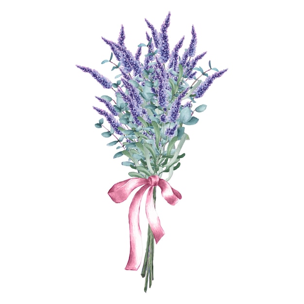 Watercolor bouquet of lavender tied with a satin ribbon