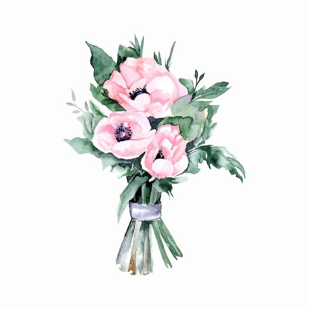 Vector watercolor bouquet of pink anemones