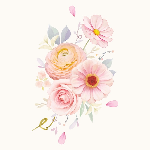 ピンクのバラとラナンキュラスの花の水彩花束