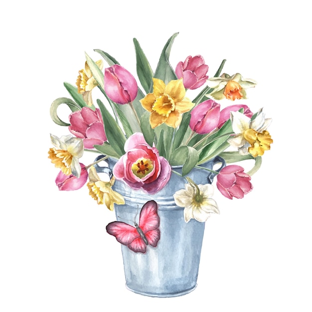 Watercolor bouquet of pink tulip flowers in a bucket with a butterfly