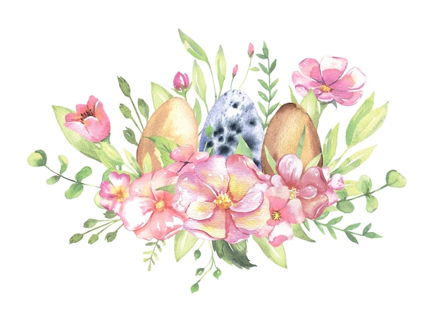 Watercolor bouquet with flowers Easter eggs