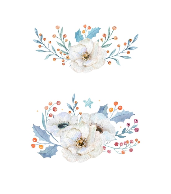 꽃과 전나무 가지가 있는 수채화 꽃다발 디자인을 위한 겨울 컴포지션 요소