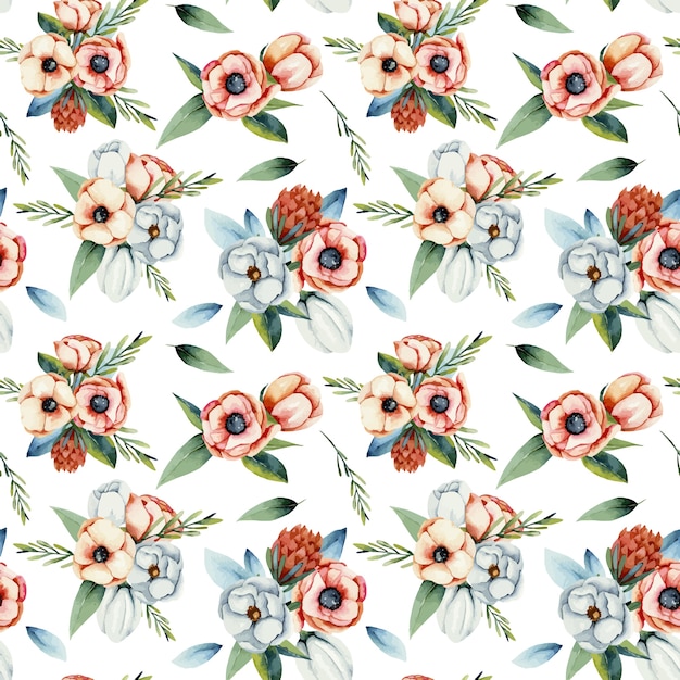 Watercolor bouquets of white and coral anemone flowers seamless pattern