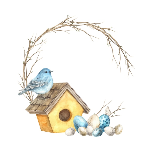 Watercolor branch wreath with blue bird yellow birdhouse and Easter eggs Easter holiday illustration