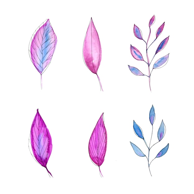 Watercolor branches and leaves in winter vector set Winter background pink and lilac