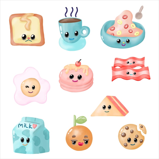 Watercolor Breakfast cartoon Clipart. Cute Breakfast