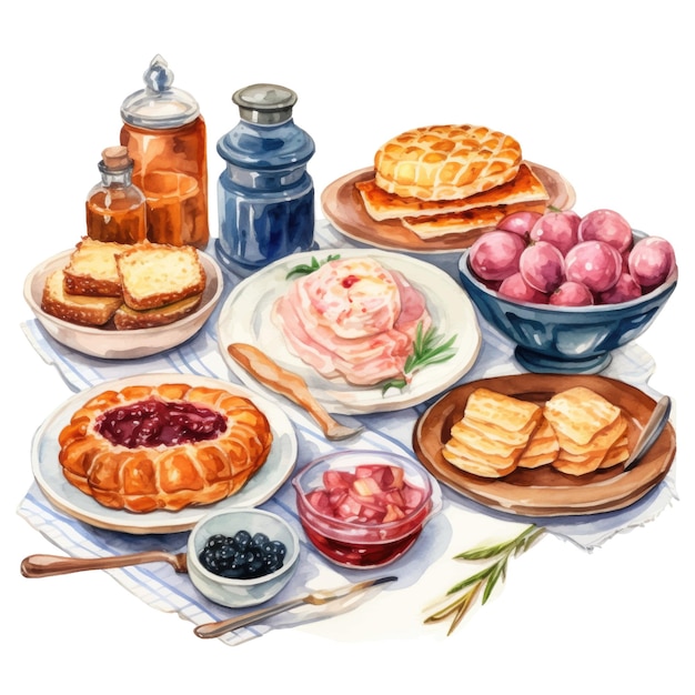 Акварельный набор для завтрака с блинами, джемом, медом и ягодами. Ручная иллюстрация.