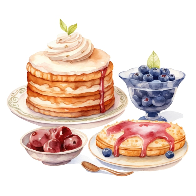 Watercolor breakfast set with pancakes jam honey and berries Hand drawn illustration