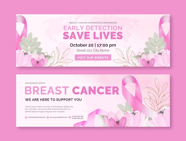watercolor breast cancer awareness month horizontal banners set