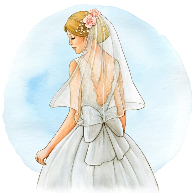 Vector watercolor bride illustration white gown and veil