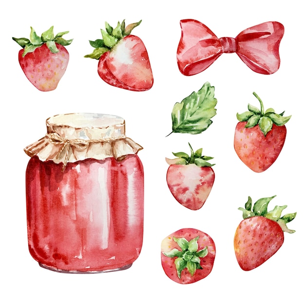 Watercolor bright red strawberry berry set